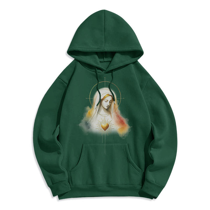 Christianartworkshop Modern Style Halo Sacred Heart Virgin Mary Fleece Lined Polyester Hoodie