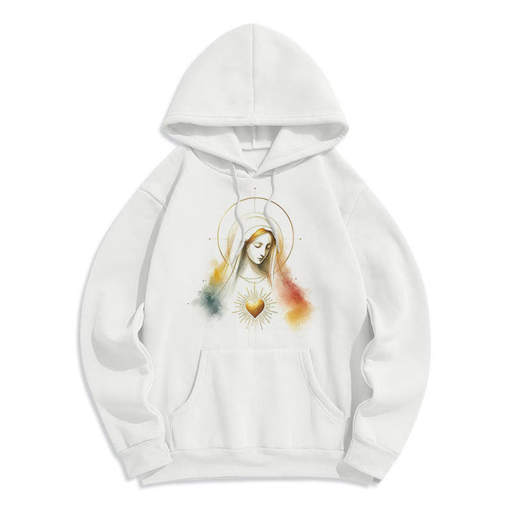 Christianartworkshop Modern Style Halo Sacred Heart Virgin Mary Fleece Lined Polyester Hoodie