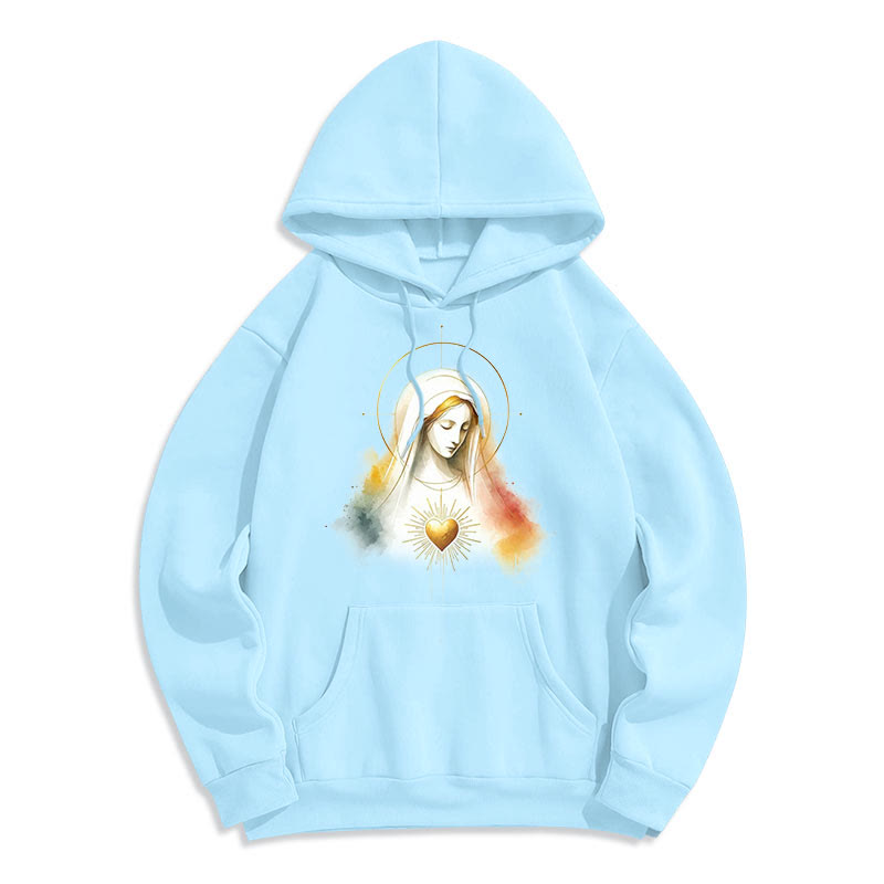 Christianartworkshop Modern Style Halo Sacred Heart Virgin Mary Fleece Lined Polyester Hoodie