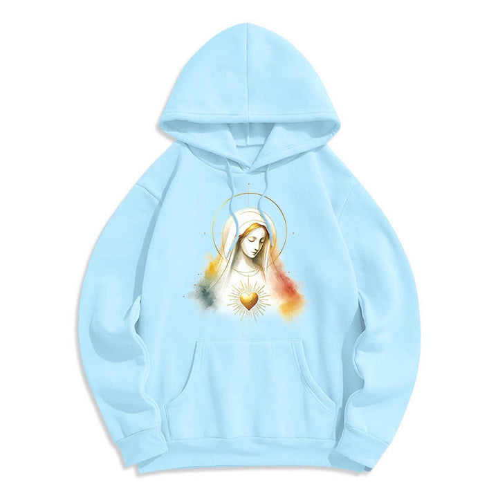 Christianartworkshop Modern Style Halo Sacred Heart Virgin Mary Fleece Lined Polyester Hoodie