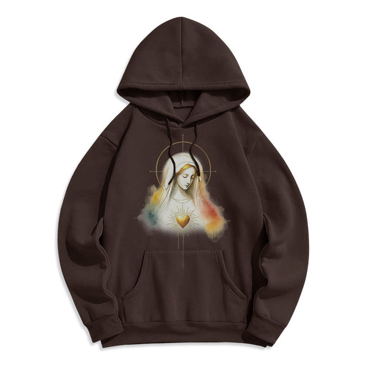 Christianartworkshop Modern Style Halo Sacred Heart Virgin Mary Fleece Lined Polyester Hoodie