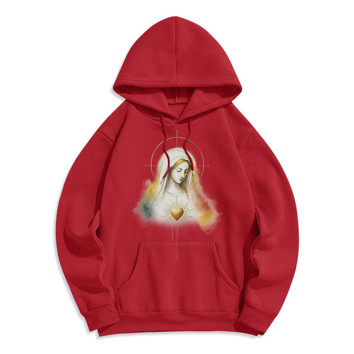 Christianartworkshop Modern Style Halo Sacred Heart Virgin Mary Fleece Lined Polyester Hoodie