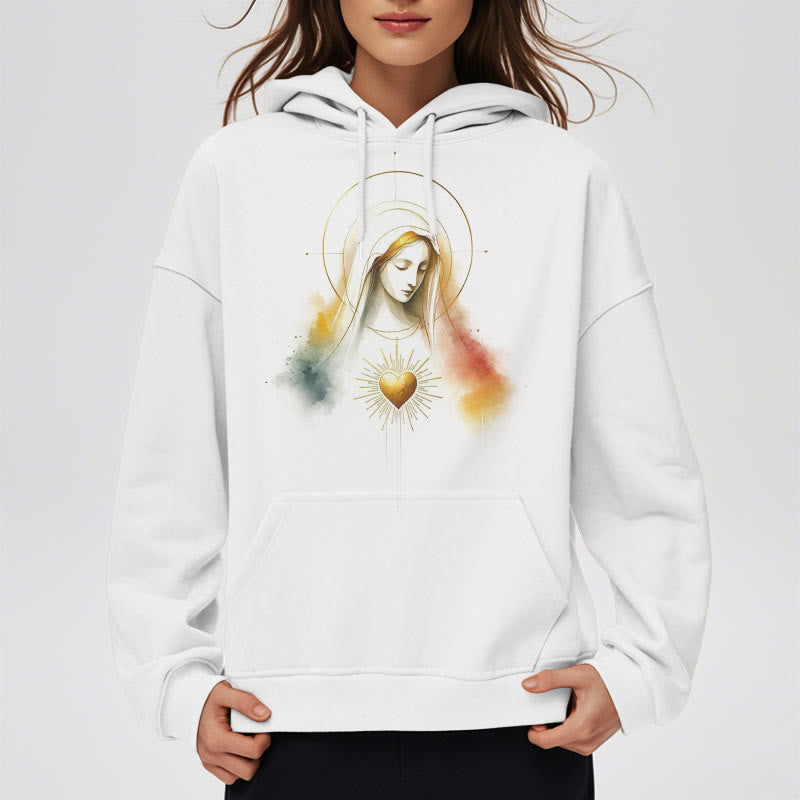 Christianartworkshop Modern Style Halo Sacred Heart Virgin Mary Fleece Lined Polyester Hoodie