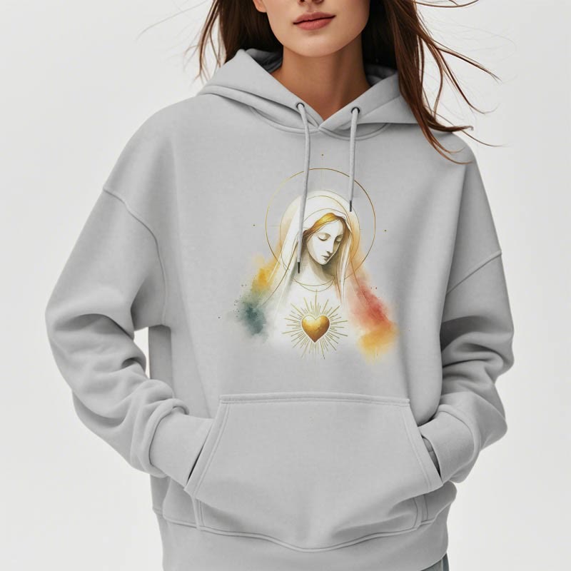 Christianartworkshop Modern Style Halo Sacred Heart Virgin Mary Fleece Lined Polyester Hoodie