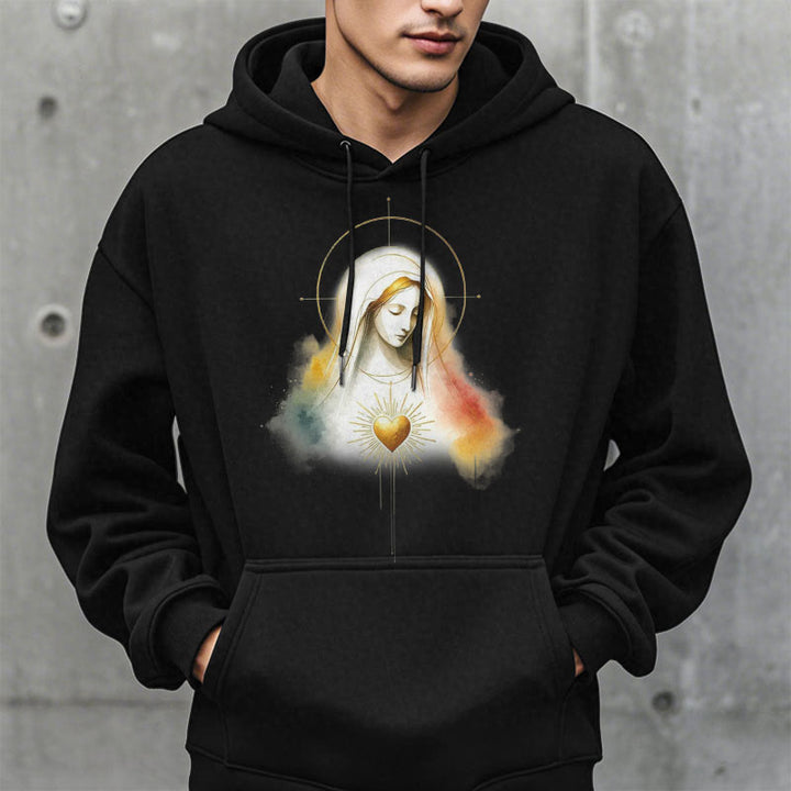 Christianartworkshop Modern Style Halo Sacred Heart Virgin Mary Fleece Lined Polyester Hoodie