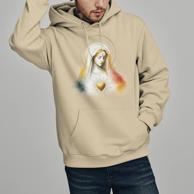 Christianartworkshop Modern Style Halo Sacred Heart Virgin Mary Fleece Lined Polyester Hoodie