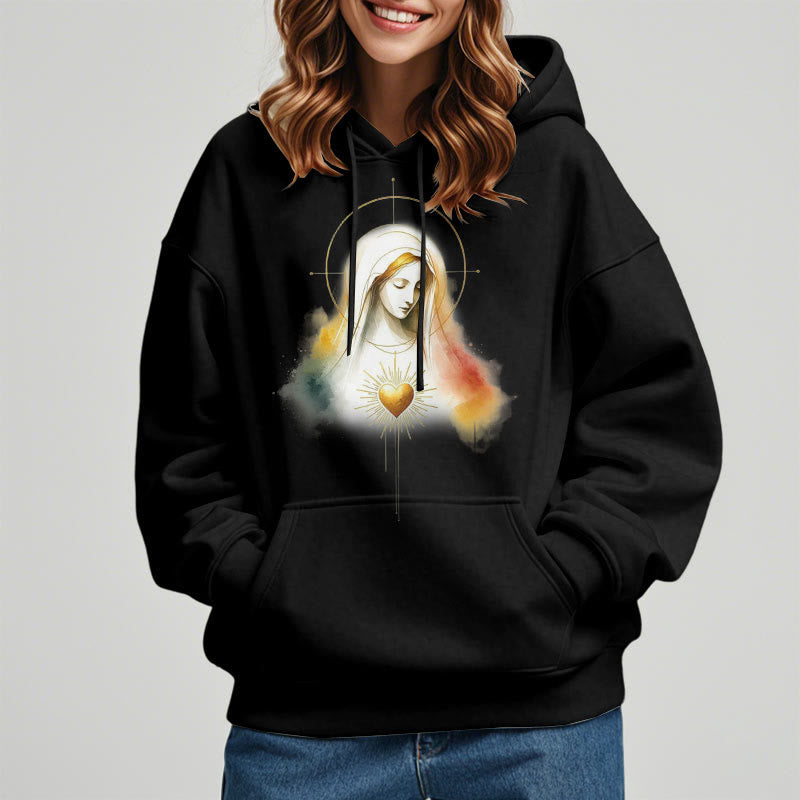 Christianartworkshop Modern Style Halo Sacred Heart Virgin Mary Fleece Lined Polyester Hoodie