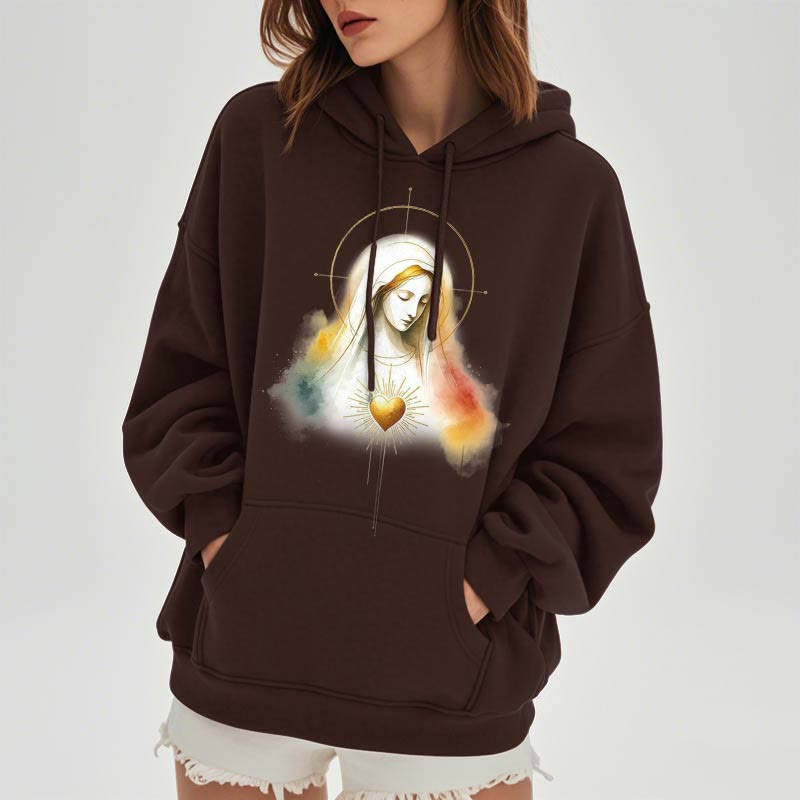 Christianartworkshop Modern Style Halo Sacred Heart Virgin Mary Fleece Lined Polyester Hoodie