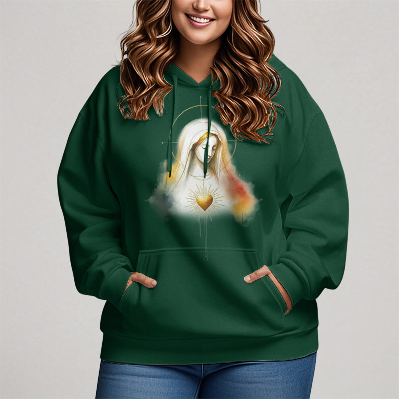 Christianartworkshop Modern Style Halo Sacred Heart Virgin Mary Fleece Lined Polyester Hoodie