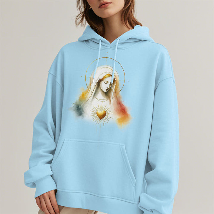 Christianartworkshop Modern Style Halo Sacred Heart Virgin Mary Fleece Lined Polyester Hoodie