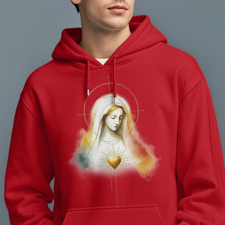 Christianartworkshop Modern Style Halo Sacred Heart Virgin Mary Fleece Lined Polyester Hoodie