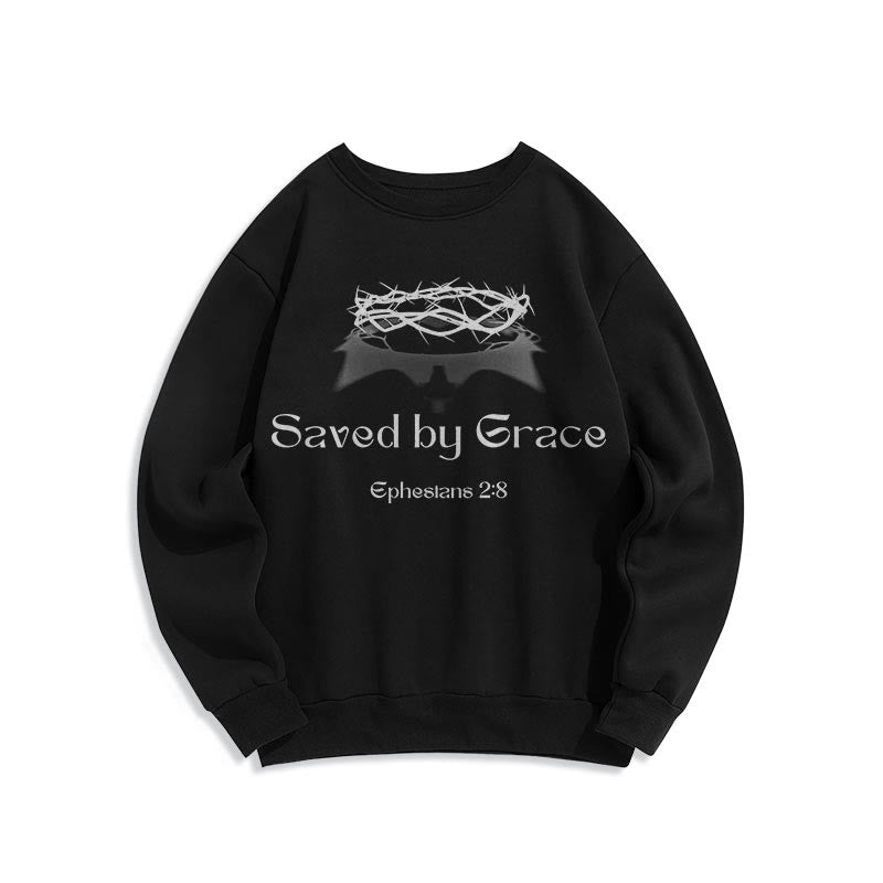 Christianartworkshop Quotation Style Saved By Grace Crown Fleece Lined Polyester Sweatshirt