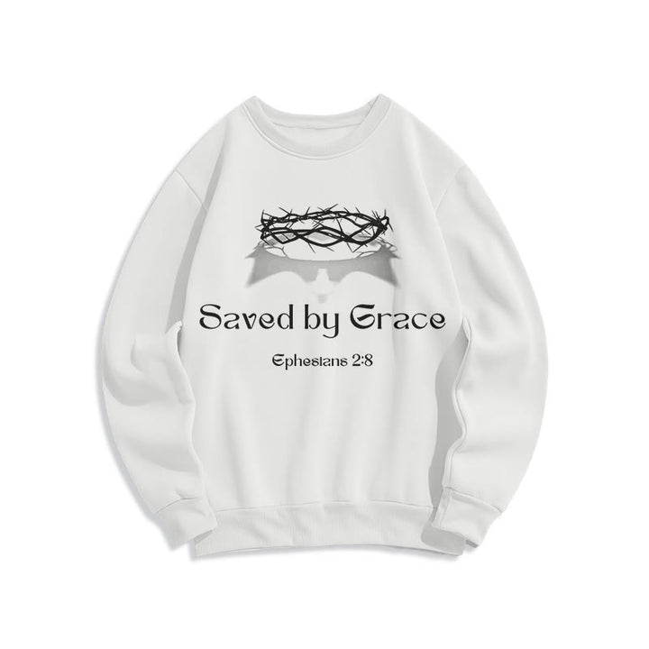 Christianartworkshop Quotation Style Saved By Grace Crown Fleece Lined Polyester Sweatshirt