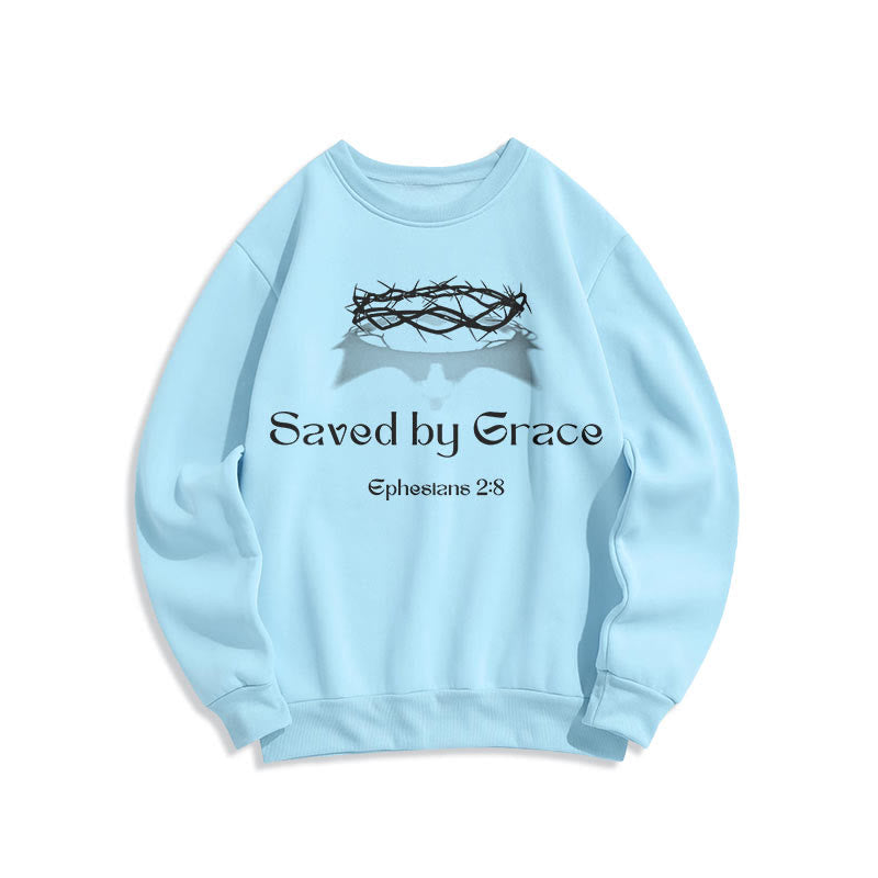 Christianartworkshop Quotation Style Saved By Grace Crown Fleece Lined Polyester Sweatshirt