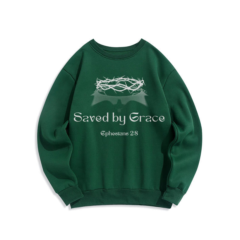 Christianartworkshop Quotation Style Saved By Grace Crown Fleece Lined Polyester Sweatshirt