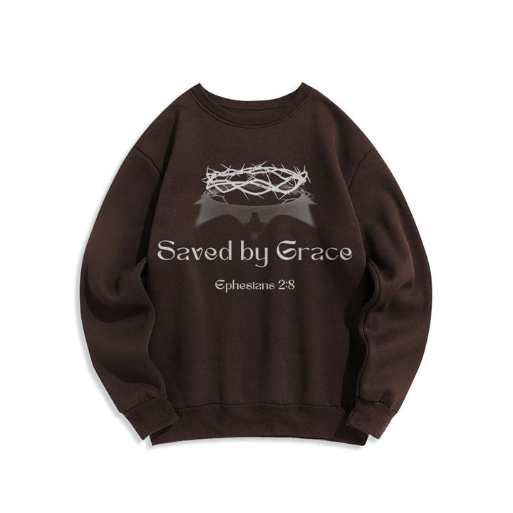 Christianartworkshop Quotation Style Saved By Grace Crown Fleece Lined Polyester Sweatshirt