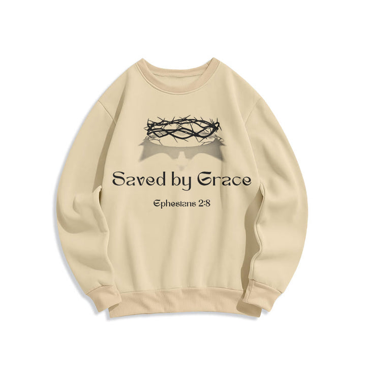 Christianartworkshop Quotation Style Saved By Grace Crown Fleece Lined Polyester Sweatshirt