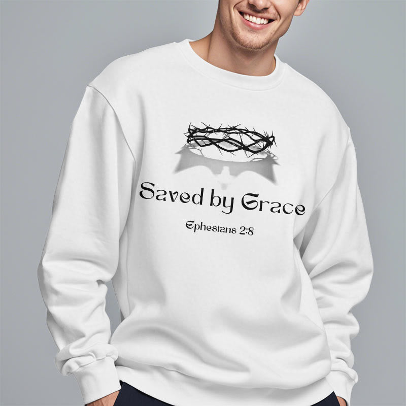 Christianartworkshop Quotation Style Saved By Grace Crown Fleece Lined Polyester Sweatshirt