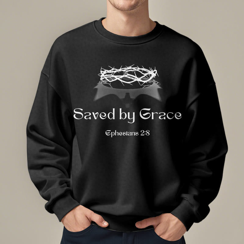 Christianartworkshop Quotation Style Saved By Grace Crown Fleece Lined Polyester Sweatshirt