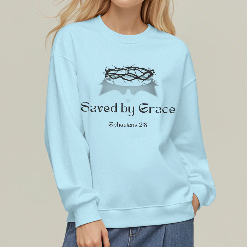 Christianartworkshop Quotation Style Saved By Grace Crown Fleece Lined Polyester Sweatshirt