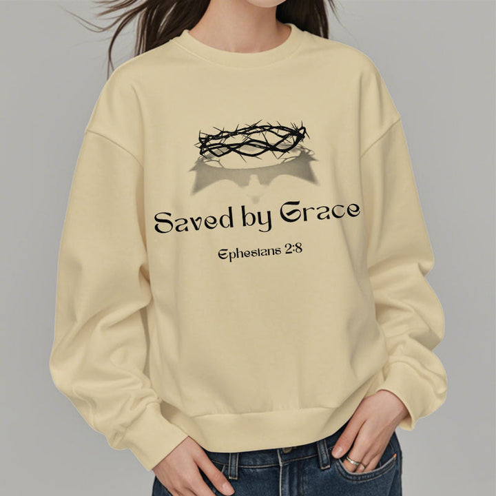 Christianartworkshop Quotation Style Saved By Grace Crown Fleece Lined Polyester Sweatshirt