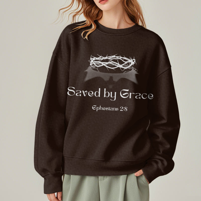 Christianartworkshop Quotation Style Saved By Grace Crown Fleece Lined Polyester Sweatshirt