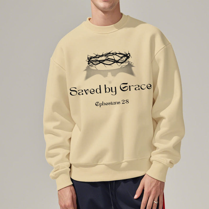 Christianartworkshop Quotation Style Saved By Grace Crown Fleece Lined Polyester Sweatshirt