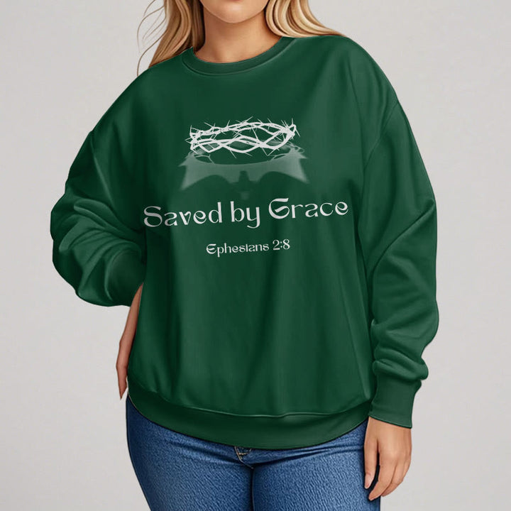 Christianartworkshop Quotation Style Saved By Grace Crown Fleece Lined Polyester Sweatshirt