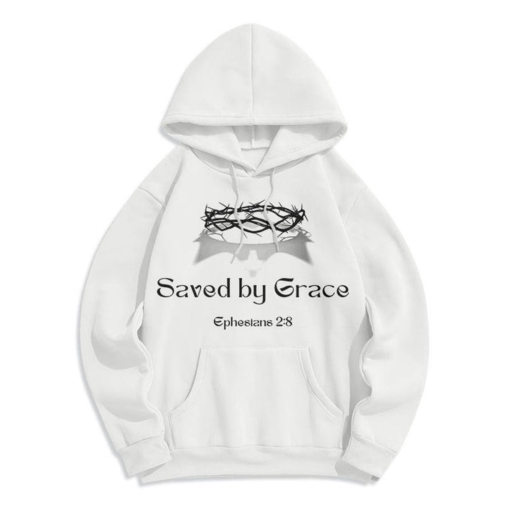 Christianartworkshop Quotation Style Saved By Grace Crown Fleece Lined Polyester Hoodie