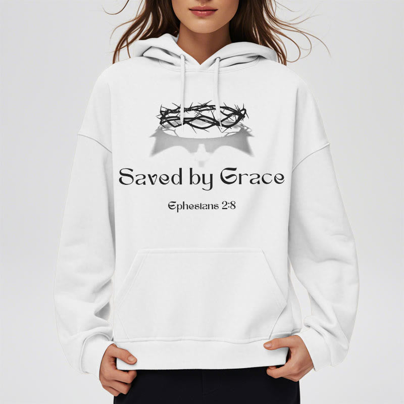 Christianartworkshop Quotation Style Saved By Grace Crown Fleece Lined Polyester Hoodie