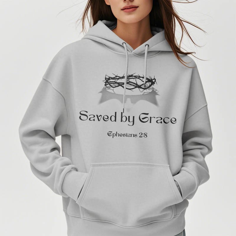 Christianartworkshop Quotation Style Saved By Grace Crown Fleece Lined Polyester Hoodie