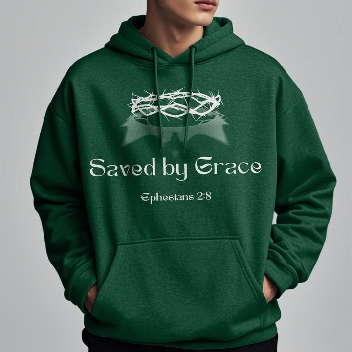 Christianartworkshop Quotation Style Saved By Grace Crown Fleece Lined Polyester Hoodie