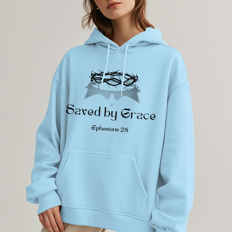 Christianartworkshop Quotation Style Saved By Grace Crown Fleece Lined Polyester Hoodie