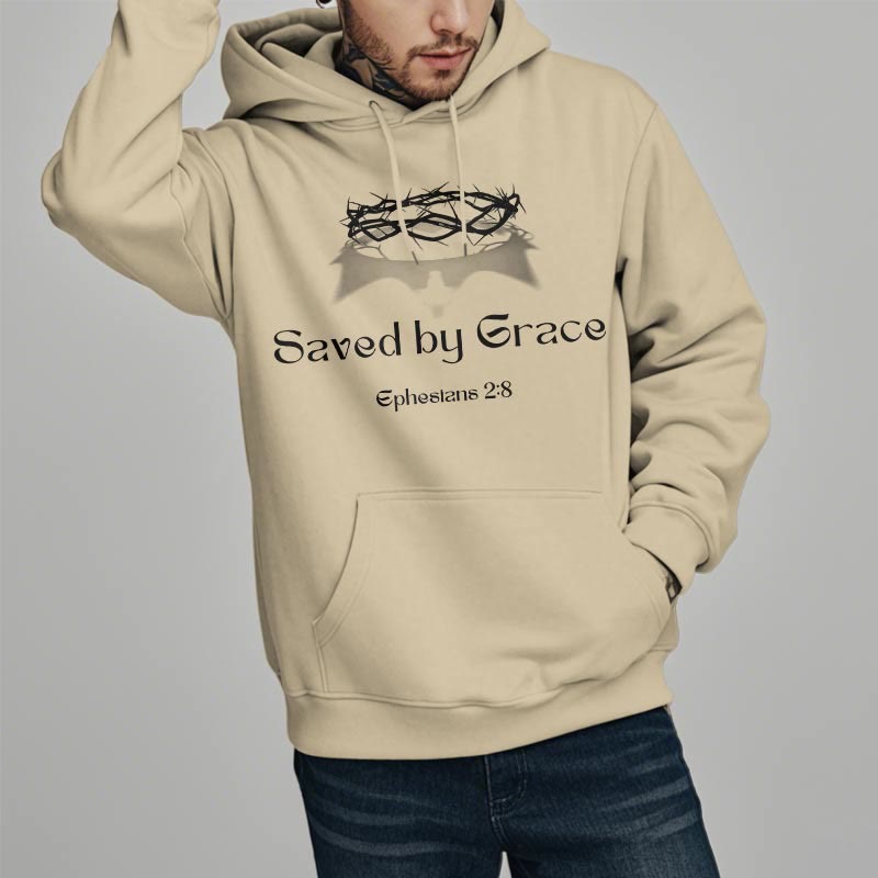 Christianartworkshop Quotation Style Saved By Grace Crown Fleece Lined Polyester Hoodie