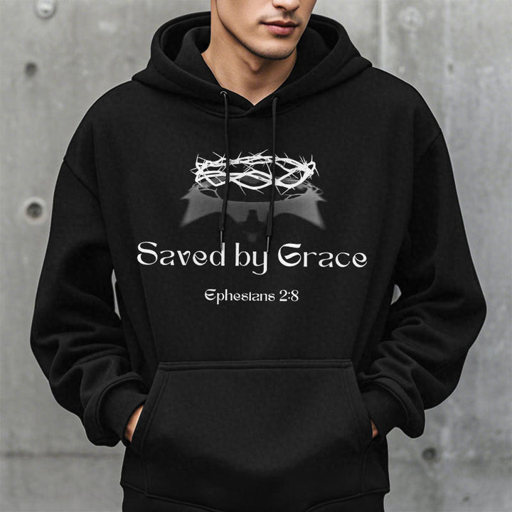 Christianartworkshop Quotation Style Saved By Grace Crown Fleece Lined Polyester Hoodie