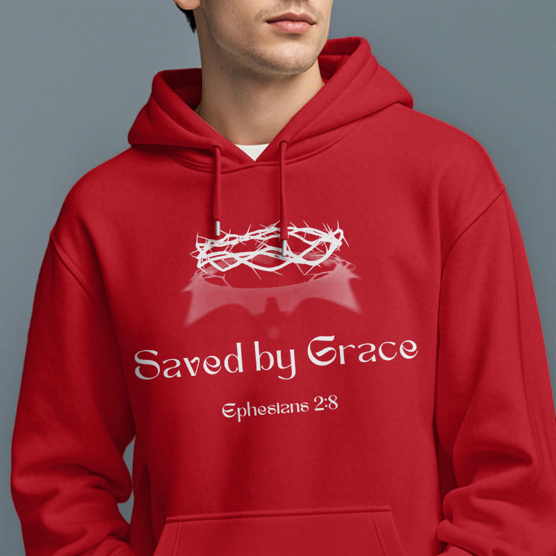 Christianartworkshop Quotation Style Saved By Grace Crown Fleece Lined Polyester Hoodie