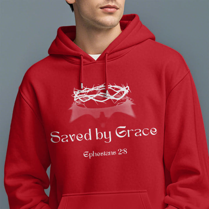 Christianartworkshop Quotation Style Saved By Grace Crown Fleece Lined Polyester Hoodie