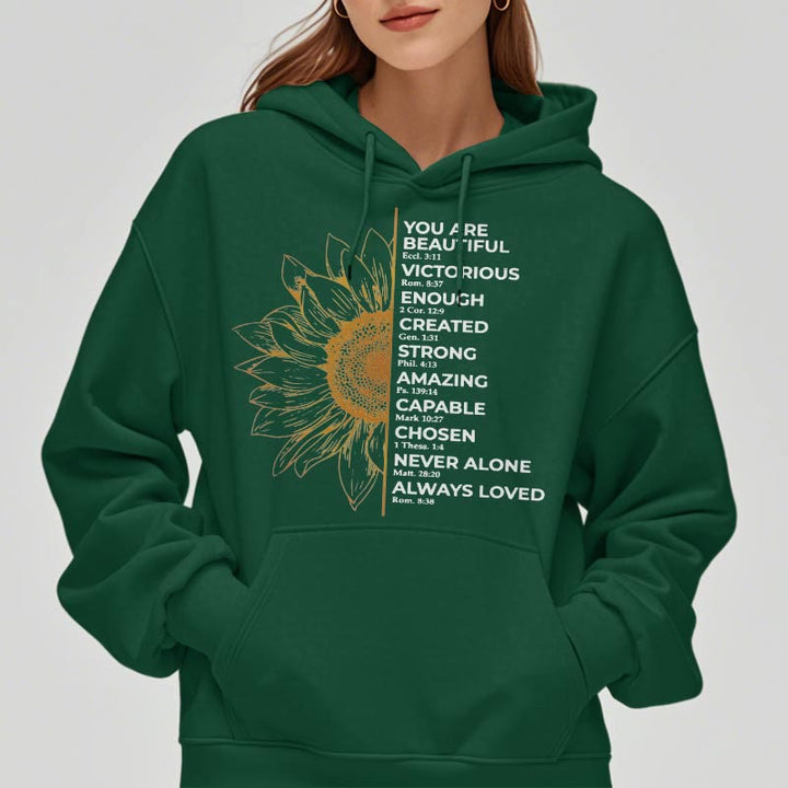 Christianartworkshop Quotation Style Sunflower Strength Positivity Fleece Lined Polyester Hoodie - image 12