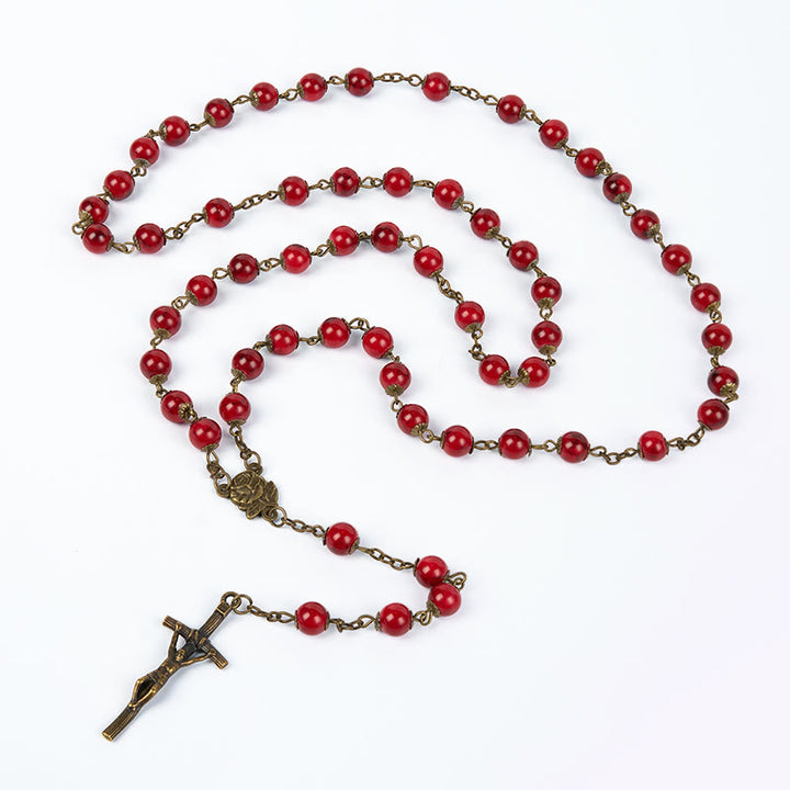 Christianartworkshop Rose & Crucifix of 8 mm Round Red Acrylic Alloy Chain Rosary