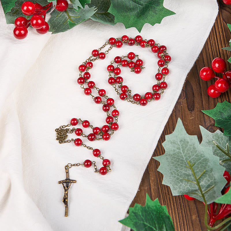 FREE Today: Rose & Crucifix of 8 mm Round Red Natural Stone Alloy Chain Rosary