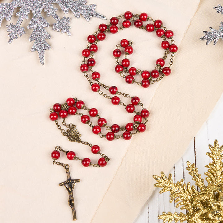 FREE Today: Rose & Crucifix of 8 mm Round Red Natural Stone Alloy Chain Rosary