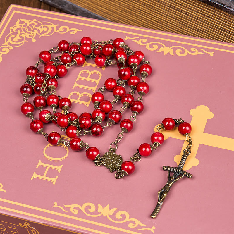 Christianartworkshop Rose & Crucifix of 8 mm Round Red Acrylic Alloy Chain Rosary