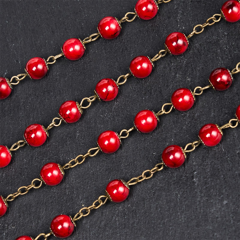 Christianartworkshop Rose & Crucifix of 8 mm Round Red Natural Stone Alloy Chain Rosary