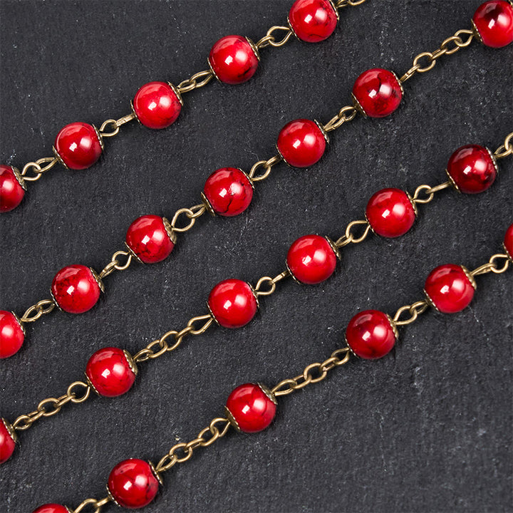 Christianartworkshop Rose & Crucifix of 8 mm Round Red Natural Stone Alloy Chain Rosary