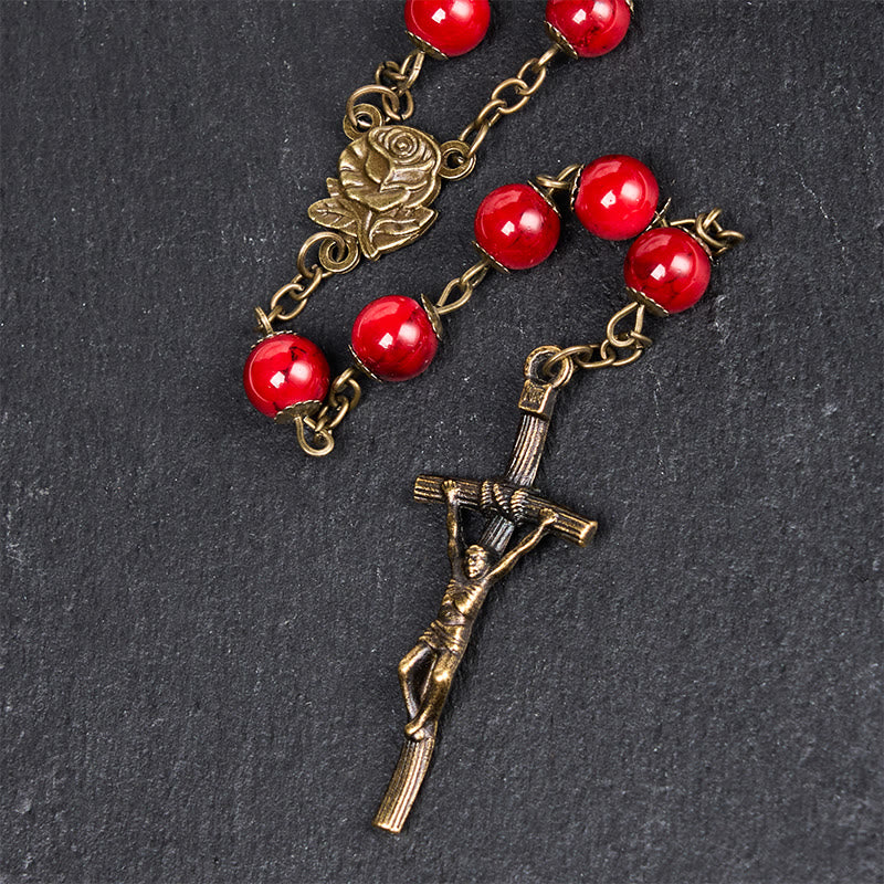 Christianartworkshop Rose & Crucifix of 8 mm Round Red Natural Stone Alloy Chain Rosary