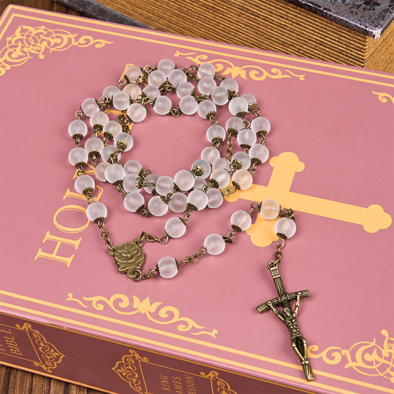 FREE Today: Rose & Crucifix of 8 mm Round Clear Glass Alloy Chain Rosary