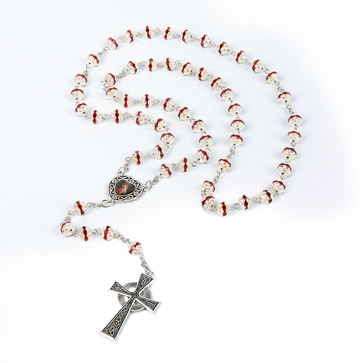 Christianartworkshop Divine Mercy & Crucifix of 8 mm Round Red Metal Alloy Chain Rosary