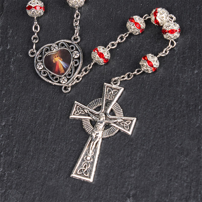 FREE Today: Divine Mercy & Crucifix of 8 mm Round Red Metal Alloy Chain Rosary