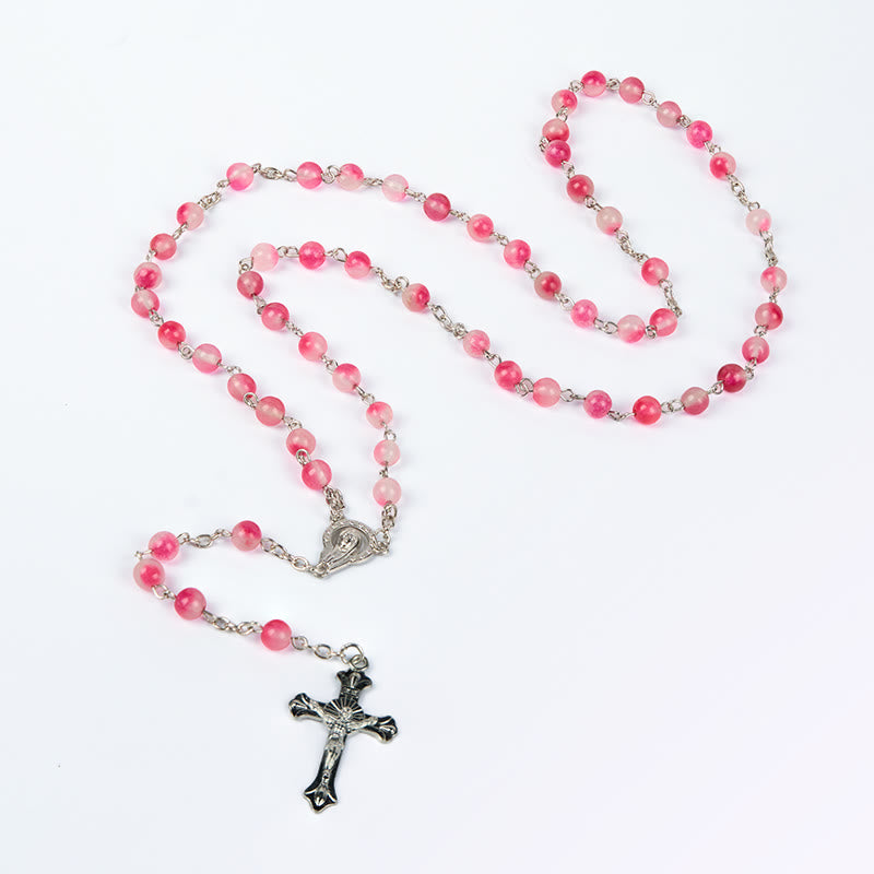 Christianartworkshop Virgin Mary & Crucifix of 8 mm Round Pink Agate Alloy Chain Rosary