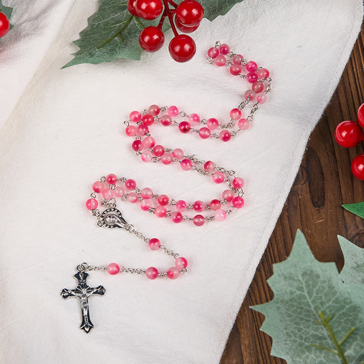 Christianartworkshop Virgin Mary & Crucifix of 8 mm Round Pink Agate Alloy Chain Rosary